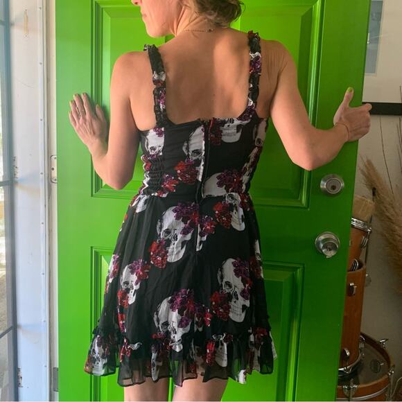 WhimsyGoth Dress Royal Bones by Daang Skull Print Sz Medium Black Chiffon - Picture 5 of 16